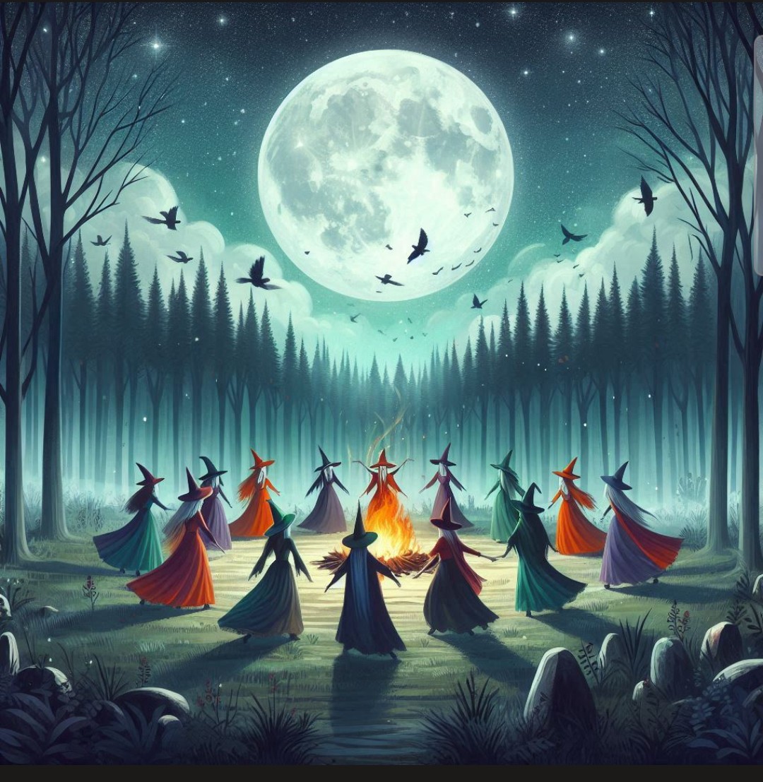 Hexen tanzen um Mitternacht bei Vollmond um ein Feuer im Wald